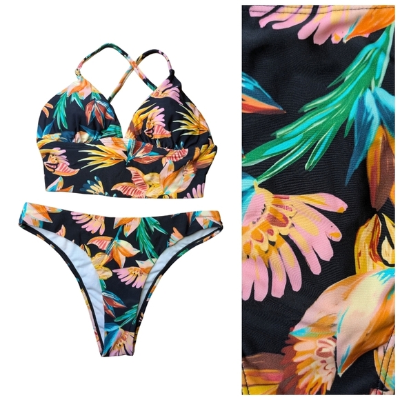 Tropical Floral Crossback Cami & Highcut Highrise Bottoms Size Small NWOT - Picture 3 of 8